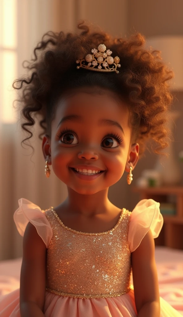 Create UHD photorealistic realistic image, not animation, not 3D image, not Pixar style. Capture a 20-month-old girl of mixed North African descent, dressed in a sparkly princess gown with a joyful expression, in a softly lit studio. Use an 85mm lens for a detailed portrait with a blurred. Lighting should be soft and magical, creating a gentle glow around her. The photo should feel like an enchanting, timeless family portrait.
