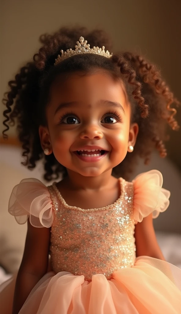 Create UHD photorealistic realistic image, not animation, not 3D image, not Pixar style. Capture a 20-month-old girl of mixed North African descent, dressed in a sparkly princess gown with a joyful expression, in a softly lit studio. Use an 85mm lens for a detailed portrait with a blurred. Lighting should be soft and magical, creating a gentle glow around her. The photo should feel like an enchanting, timeless family portrait.