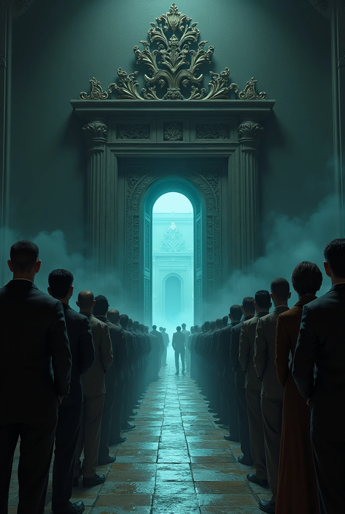 Draw a door and a row of people sitting waiting to enter that door.