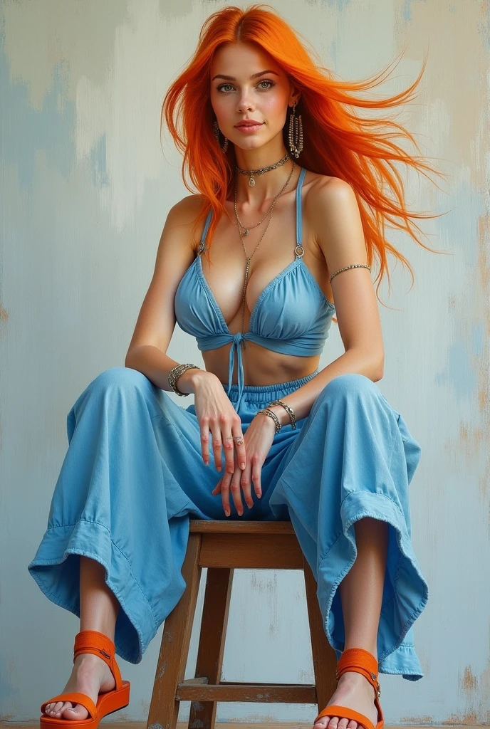 An abstract and dynamic oil painting featuring a bohemian woman seated on a stool, exuding casual elegance. She dons a linen ice-blue open top, ice-blue pants and orange sandals, her orange hair flowing elegantly around her face. Her direct eye contact with the viewer is accentuated by a subtle smile, while her delicate boho jewelry adorns her wrists and ears and colossal breasts. The background is a muted gradient, allowing the intricate brushstrokes and textured details to take center stage, showcasing the artist's skill and creating a captivating and timeless portrait., painting