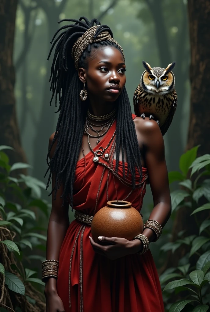A black woman in a dark forest wearing a red outfit ..black and white with cowries in their hair and plants holding a gourd in their hand ,copper and stone bracelets with an owl on the right shoulder in 3d , close up hyperrealistic image.