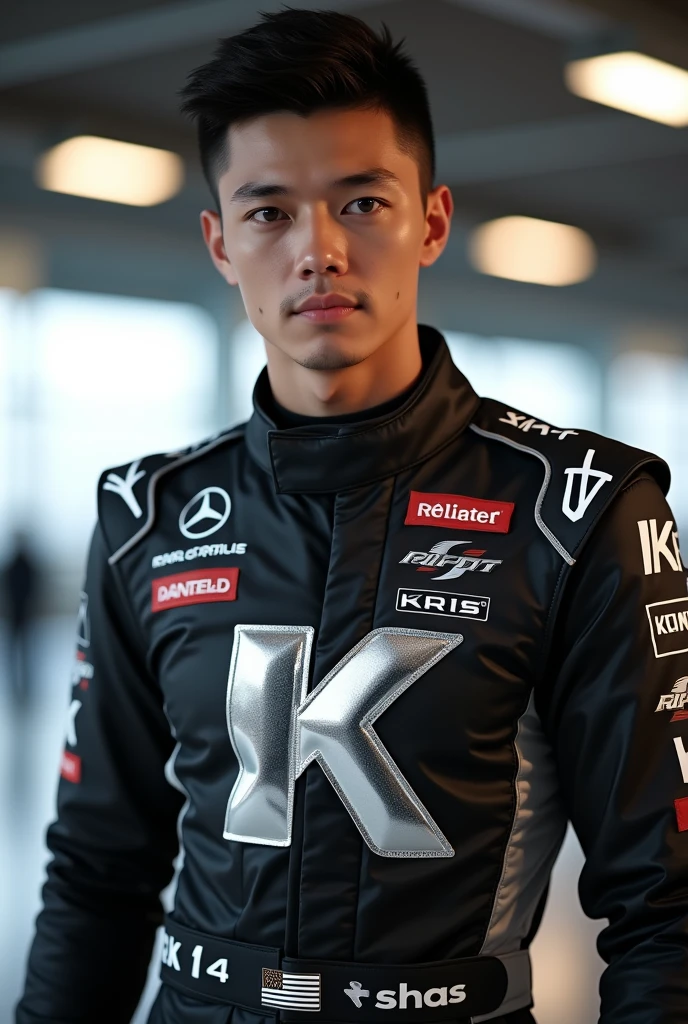Handsome Filipino f1 driver wearing black and white tracksuit with chrome logo as sponsor with a large “K” on the suit (no helmet)
