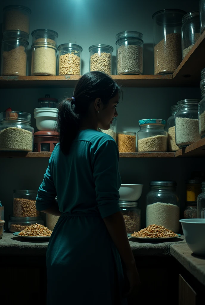 cinematic, photo realistic film poster of a women ( back profile) searching something on the kitchen shelves, filled with different utensils stuffed with food items like cereals, rice etc, night, middle class family darjeeling