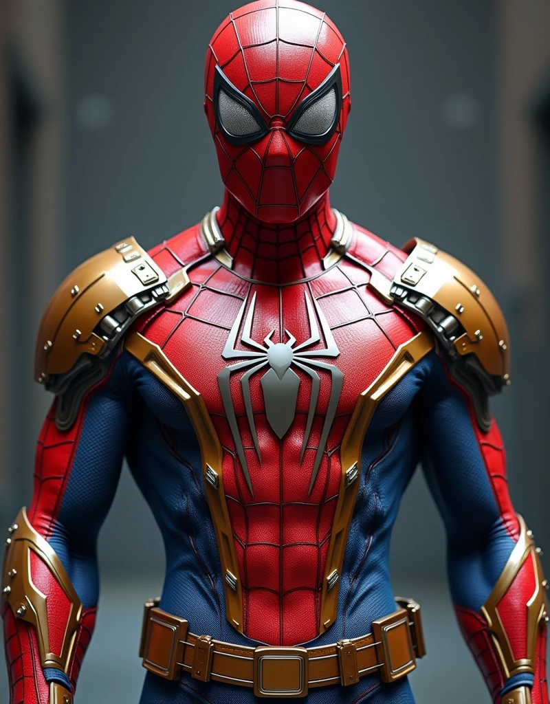 Here is a detailed description of the image you provided, broken down point by point:

1. **Character Depicted**: The image features a character resembling Spider-Man, a well-known superhero. The suit design, however, seems to be a more advanced or armored version of the traditional Spider-Man costume, often referred to as the "Iron Spider" suit in popular media.

2. **Color Scheme**: 
   - **Primary Colors**: The suit predominantly features red and blue, which are classic Spider-Man colors.
   - **Accent Colors**: There are prominent gold accents throughout the suit, especially around the chest, shoulders, and arms.

3. **Chest Emblem**: 
   - A large, stylized spider emblem is centered on the chest.
   - The emblem is gold in color and has an intricate design, extending over the shoulders and down towards the waist.
   - The spider emblem has a somewhat metallic sheen, giving it a very high-tech and armored appearance.

4. **Suit Material**:
   - The suit appears to be made from a combination of different iron spider suit glossy finish 
   - Some parts of the suit have a smooth, glossy finish, particularly the red areas on the chest and head.

5. **Armor and Enhancements**:
   - The suit is heavily armored compared to the traditional Spider-Man suit.
   - There are metallic, gold-colored plates on the shoulders, forearms, and parts of the legs.
   - The armor plating is intricately detailed, with sharp lines and a segmented design.

6. **Mask and Eyes**:
   - The mask is primarily red with metallic textures.
   - The eyes are large and almond-shaped, typical of Spider-Man, but they have a silver or white reflective surface, possibly indicating advanced technology or a heads-up display within the suit.

7. **Belt and Utility**:
   - The character wears a gold belt that has a more practical design, possibly holding gadgets or tools.
   - The belt is detailed with segments and a central buckle, matching the overall aesthetic of the suit.

8. **Overall Design Aestheti