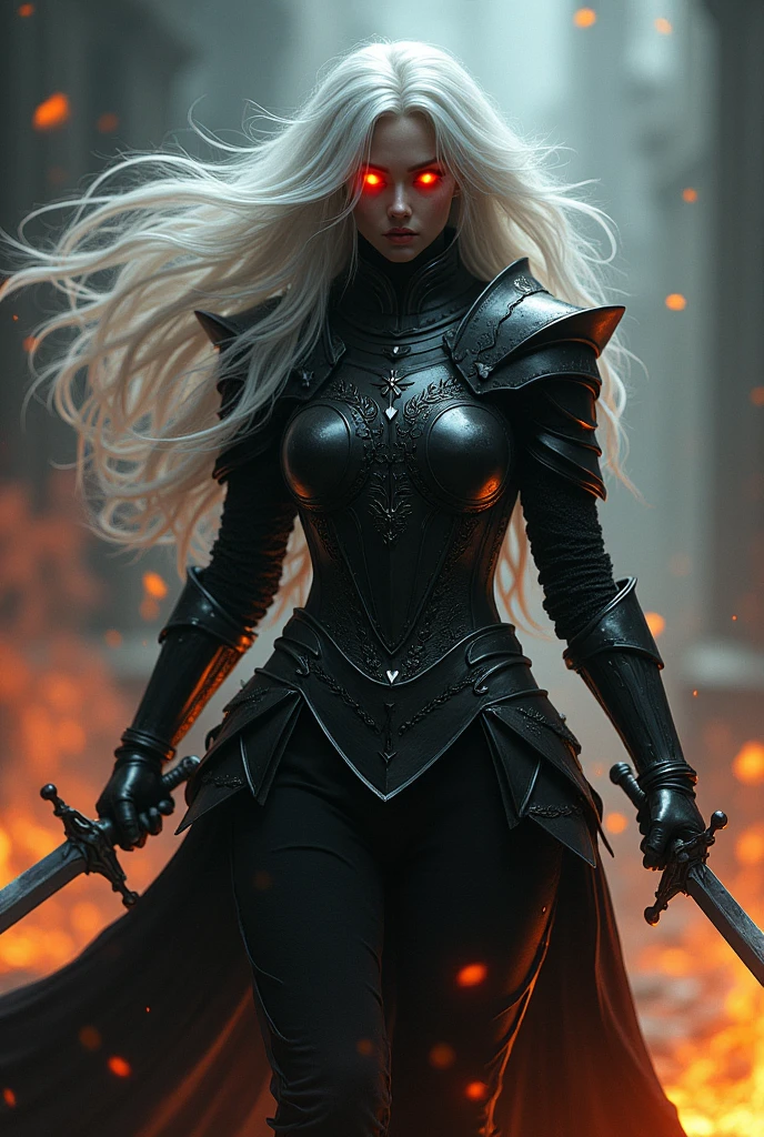 Woman. Black medieval armor. Neve . fire . swords . white  hair. eerie glowing red eyes 
