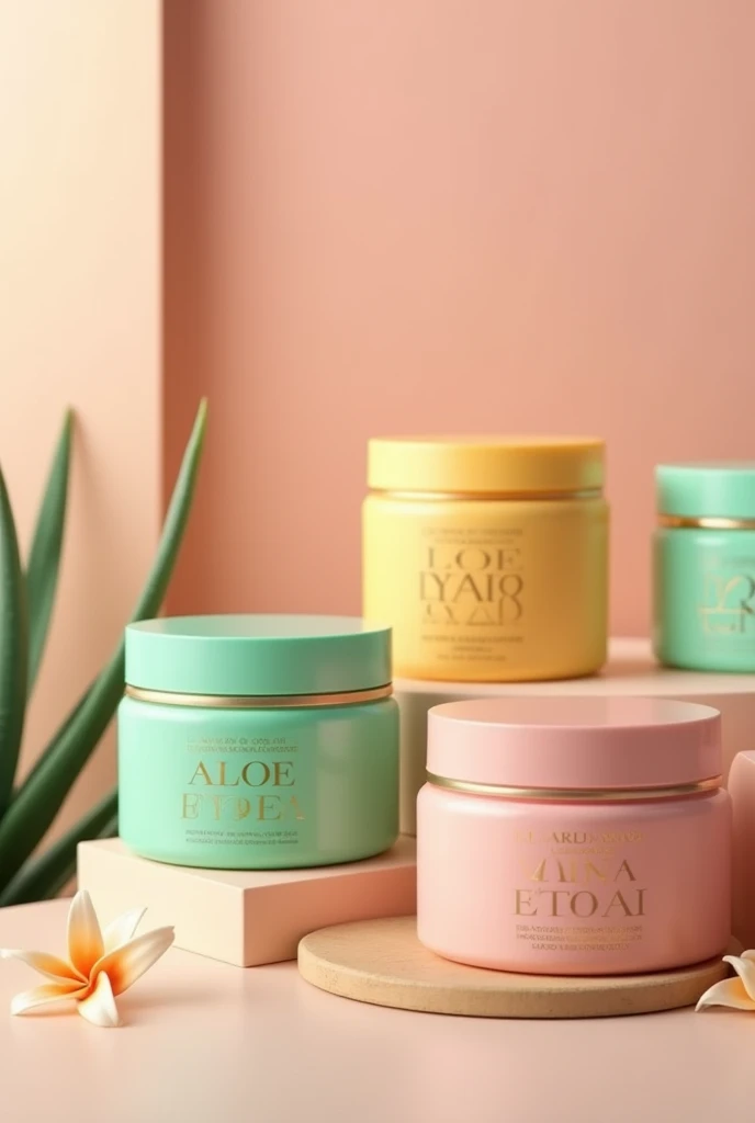 Aloe Vera Treatment Red Fruit Treatment Each green and yellow and pastel pink plastic jars l with label , unique and luxurious, unique 