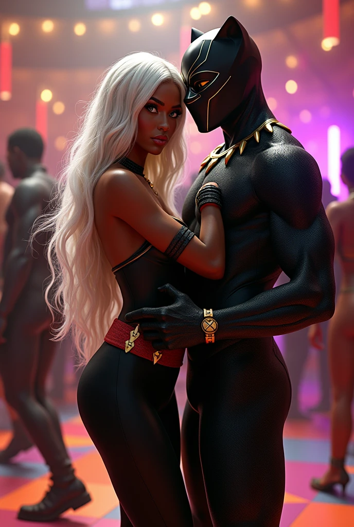 (Photorealism:1.2),couple,black female,Hazel green eye,Prominent nose,long white straight hair with waves, similar to shanina shaik, fantasia x Men,Black strapless bodysuit with gold details,red belt with the letter X buckle,Scenario,fantasy party,internal space, dance floor,with colored tiles,The woman is dancing,(hourglass body)) ((big-ass)) black male, black panther fantasy, grabbing the woman,lora