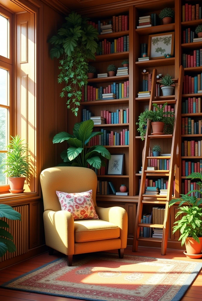 Create a cozy, sunlit reading nook within a library filled with wooden bookshelves reaching up to the ceiling, packed with colorful books and decorated with various potted plants. A comfortable armchair with a floral cushion sits beside a large window, through which sunlight pours in, casting warm light and gentle shadows across the room. A soft, colorful rug lies on the terracotta-tiled floor, adding to the inviting atmosphere. The room is adorned with personal touches like small framed pictures, a vintage ladder leaning against the shelves, and additional plants hanging and sitting on the shelves, enhancing the tranquil, homely environment