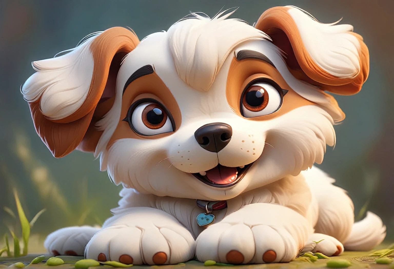 cute cartoon dog character, 1 dog, beautiful detailed eyes, beautiful detailed nose, beautiful detailed mouth, extremely detailed fur, soft fluffy fur, adorable, playful, happy expression, photorealistic, 8k, high resolution, highly detailed, vibrant colors, studio lighting, cinematic lighting, intricate details, warm color palette, whimsical, charming, digital painting, concept art