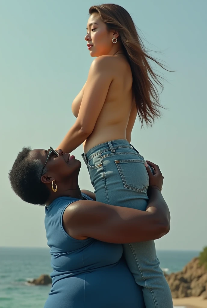 Create a photo of a 30 year old young woman, with a slender and beautiful body, no bra with bare breasts wearing jeans, with white and clear skin, with long light brown hair, wearing hoop earrings and has her back to the camera as she is lifted high in the air by her butt by an obese black 90 year old elderly lady, dark black skinned, who has short hair, who wears glasses and a blue dress
