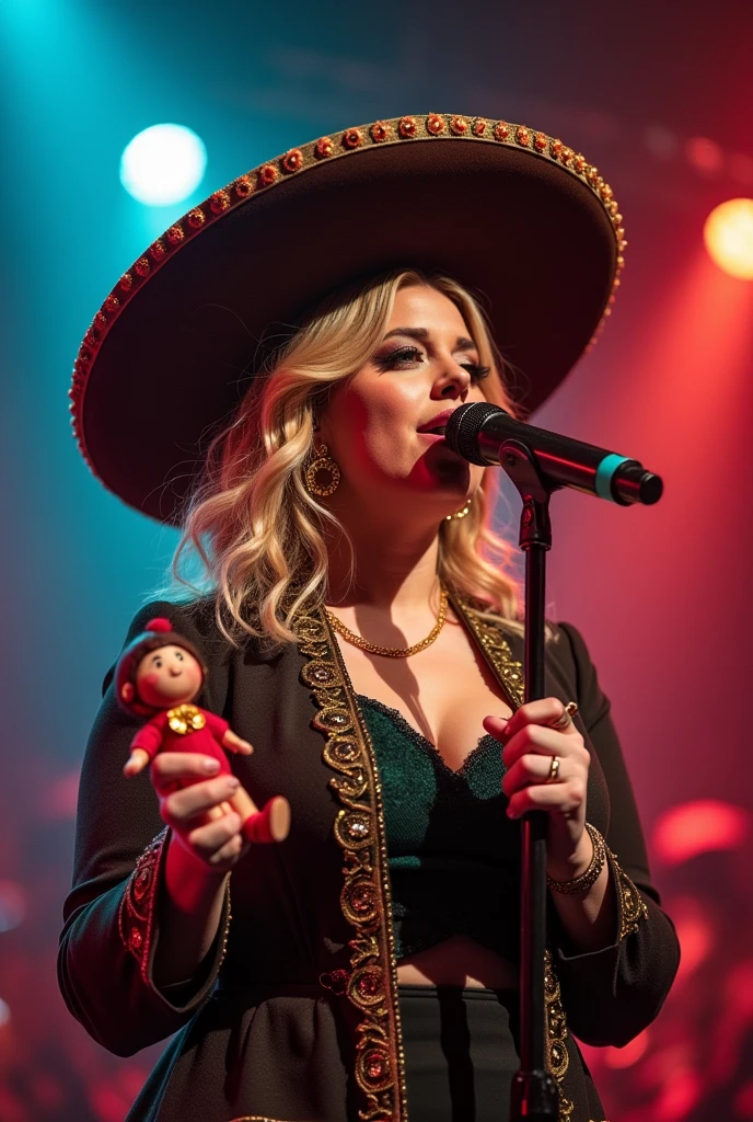 Adele at a concert in Mexico with a Simi doll and a mariachi hat