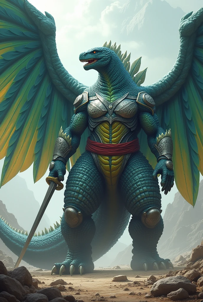 Godzilla with huge green wings blue feathers with yellow armor , gray armor , red belt, holding sword in left hand and shield in right hand.