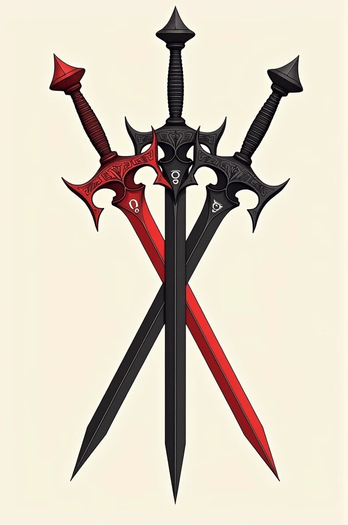 Create a tattoo of two swords, one pointing up and the other pointing down., the red one with the omega symbol and the black one with the alpha symbol, take greek spades as an example, but with a longer and more beautiful dagger