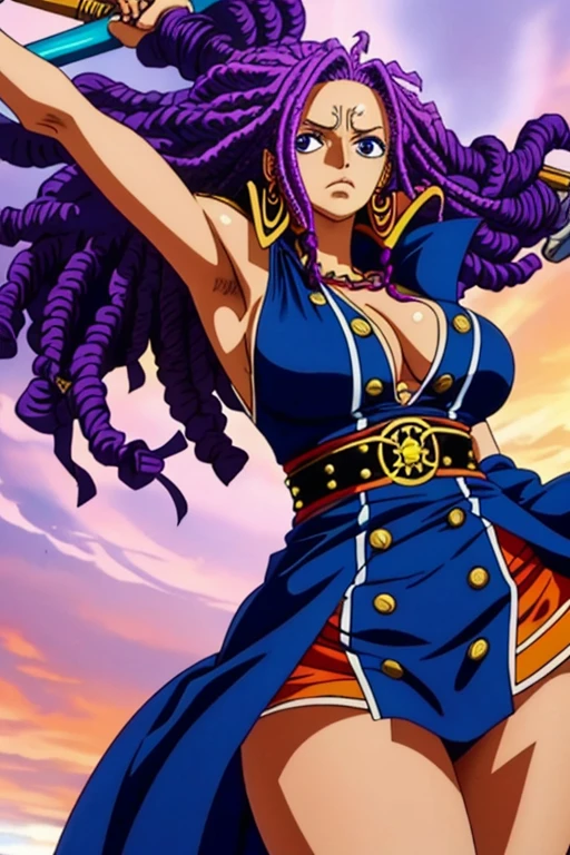 An admiral from One Piece, black woman, violet hair, dread locks, ne arm, holding a huge hammer