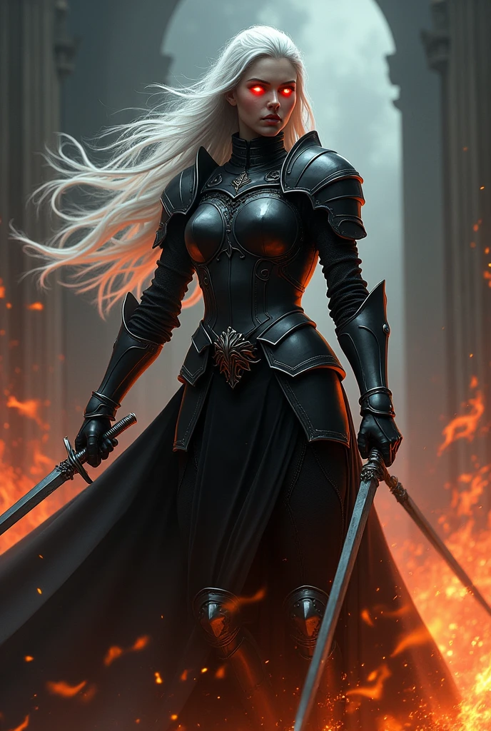 Woman. Black medieval armor. Neve . fire . swords . white hair. eerie glowing red eyes