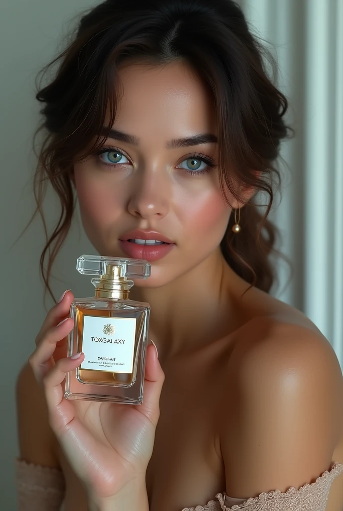 image ultra realistic, 4K, brunette woman, blue colored eyes, de corpo todo, (((holding a perfume that says ToxGalaxy))) --negative "mutated hands, deformed, worst quality , low quality"