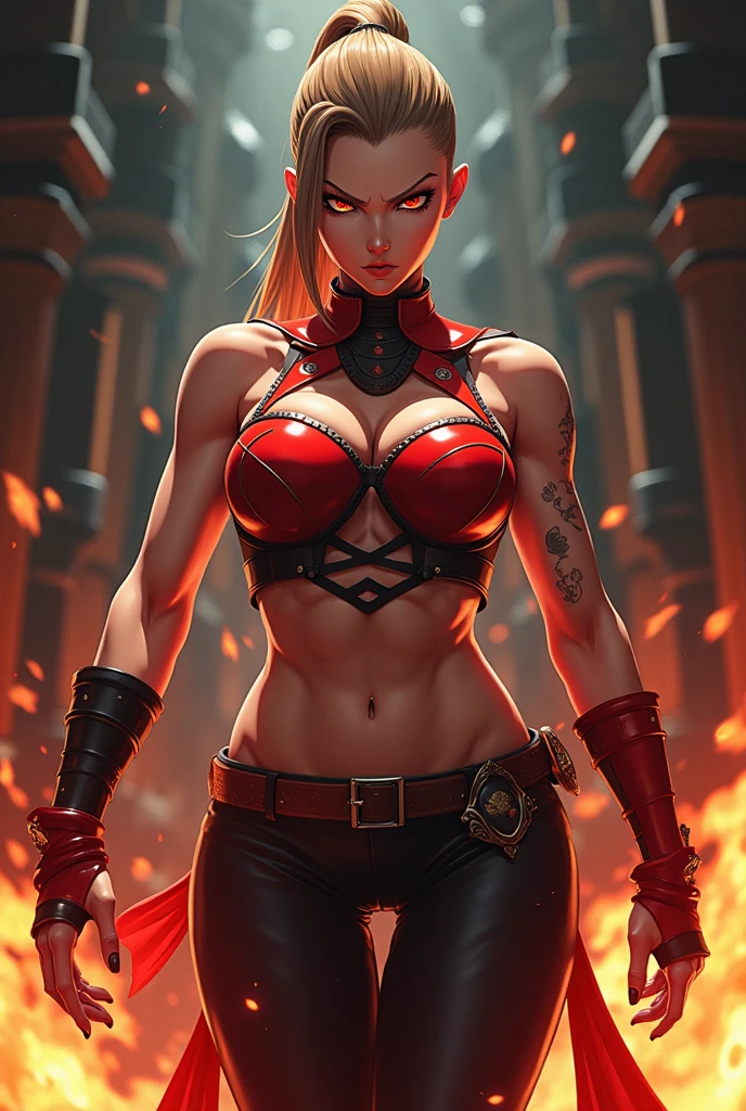 8k,Black light、Real Art、Slim and muscular macho man woman、Super Beauty(Like the real thing)、Super strong muscles,Iris、Ultra high definition、One mature woman、Light brown mohawk、Mature Demon Slayer: Kimetsu no Yaiba: Kimetsu no Yaiba、anger,Sharp Eyes,Very large breasts、Glowing Iris、Slim and muscular macho man、Lean and muscular lower body、Gorgeous Red Large Chest Chest Armor、Luxury black and red pants、Gorgeous red shoulder pads,Detailed light、Dynamic Angle、Depth of written boundary、(((((())))、Show me your fangs、(Super A)High resolution、Best image quality)、(8k、RAW Photos、Best image quality、masterpiece)、sense of technology、Best image quality、masterpiece、Awareness-raising、CG、Sense of unity、wallpaper、Official Art,Very delicate and beautiful、Attention to detail、Attention to detail、Clear focus、Rich background、(Real People、image)、((High resolutionの肌))、A large flame burning red from the body(Tone flame effect)(There are many big flames)Fantasy art、Shoulder muscles abdominal muscles、Arm Muscles,Ultra-Realistic Skin、Combat pose,Look at the viewers,Big Energy,Japanese,Dynamic action poses,Very large breasts,