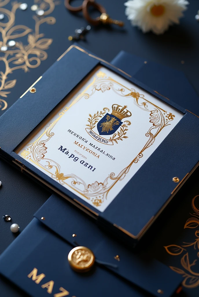 Detailed Description of the Invitation to the 100th Anniversary Party of the Mazzoni Group 1. format e Estrutura:
format: The invitation would be rectangular or square in shape with slightly rounded edges., measuring approximately 20 x 15 cm. The main piece would be a rigid cover and a foldable or envelope-shaped inner insert..
2. Invitation Cover:
Farbe de fund: An elegant deep navy blue, conveying sophistication.
Edge Design: Thin edges in shiny gold, perhaps with a slight textured effect to add a touch of luxury.
Family coat of arms: The Mazzoni Family coat of arms is highlighted in the central part of the cover. The coat of arms is elegant and minimalist, in gold and white, with the motto in Italian on a banner below or around the coat of arms.
Decorative Details: Discreet crystal or pearl elements around the crest to add a touch of subtle sparkle.
3. Internal Insertion (or Internal Page):
fund: White with a hint of gold on the edges or in a subtle detail to keep the look clean and refined.
Leading text:
salutation: “With great pleasure and honor, We invite you to celebrate the centenary of the Mazzoni Group.” Date and Time: “November 30, 2024, at 7:00 p.m..”
Local: “Copacabana Palace, Rio de Janeiro.” Additional details: “Dress dress” and any additional information, as parking, RSVP, and contact information.
fountain: elegant and readable, as refined Serif or Script in gold or black on white background.
4. decorative elements:
floral illustrations: Small details of flowers drawn in gold or floral elements in relief on the edges or in a discreet band along the inside page.
Crystal Details: Subtle glitter or silver effects on graphic details to mimic the shine of crystal without going overboard.
5. Envelope:
Farbe: Gold or navy blue, with an inner lining that can be a combination of both.
Seals and Closure: A wax seal with the family crest or an elegant clasp with gold details.