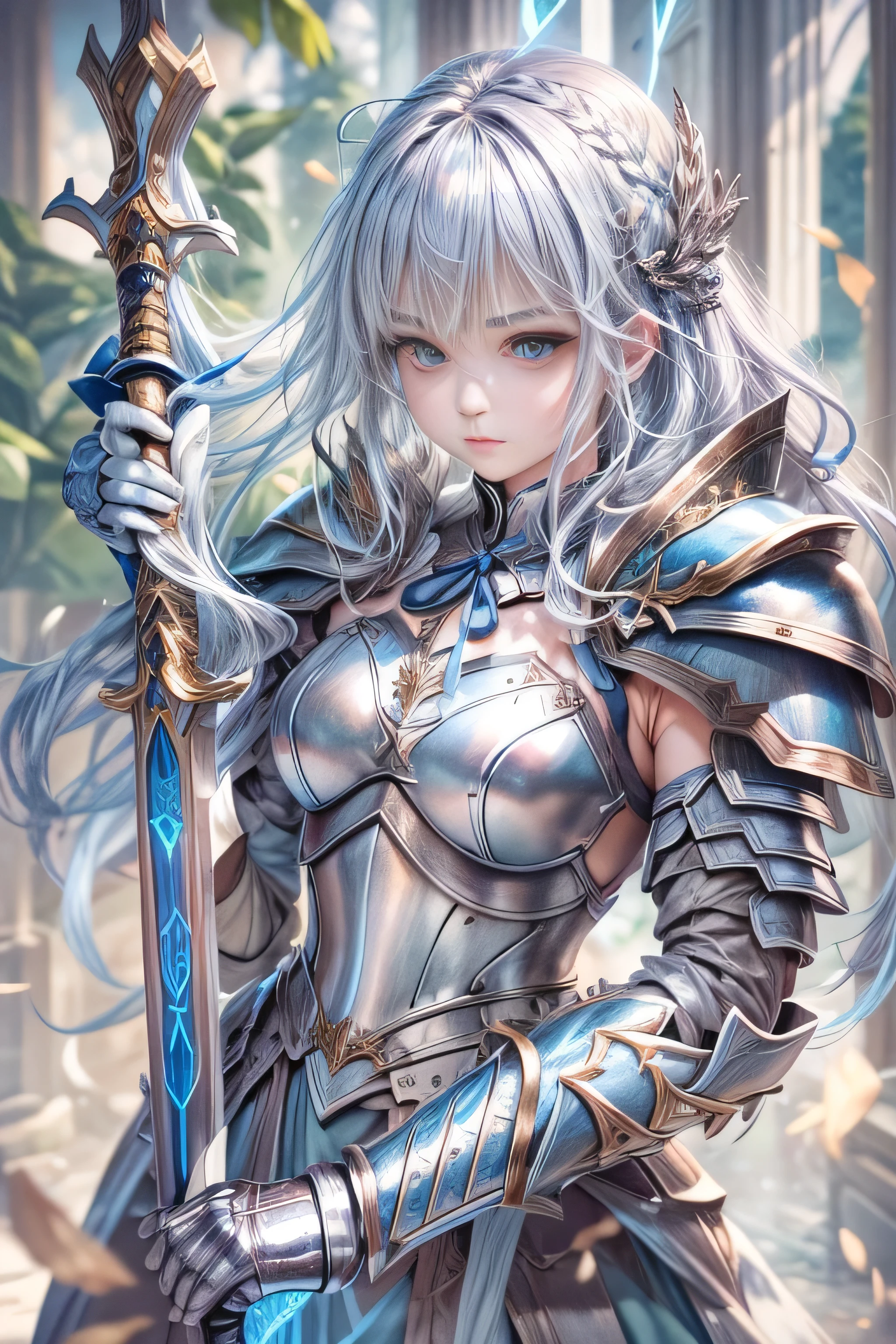 A female knight recognized by the legendary holy sword Excalibur、With the protection of the spirit of light, it emits an aura of light.、8k.Half Russian and half Japanese、Russian face、beautiful girl、A princess with the title of Dragon Slayer、、Small face、Young face、Big eyes、Skinny、Small breasts、（（（Silver Hair、Silver Hair）））、With bangs、（（（High resolution big beautiful light blue glowing eyes, ）））、Shortcuts、Bobcut、（（（Red ribbon in hair、Floral decoration）））、Partially braided、Transforms into an armored knight at the call of the holy sword Excalibur.、Large sword、A holy sword that emits a pale blue light、（（god々He holds up his sword, shining a deep blue, to the sky.））、god々A sword that shines brilliantly、Magic Sword Light Shield、Armor of Light、fantasy landscape、Fantasy、（Battle with the Dark Knight、Fighting the Demons、Fighting the beastmen）A dragon knight riding a flying dragon through the sky、The sword swings down, leaving a trail of light in its wake.