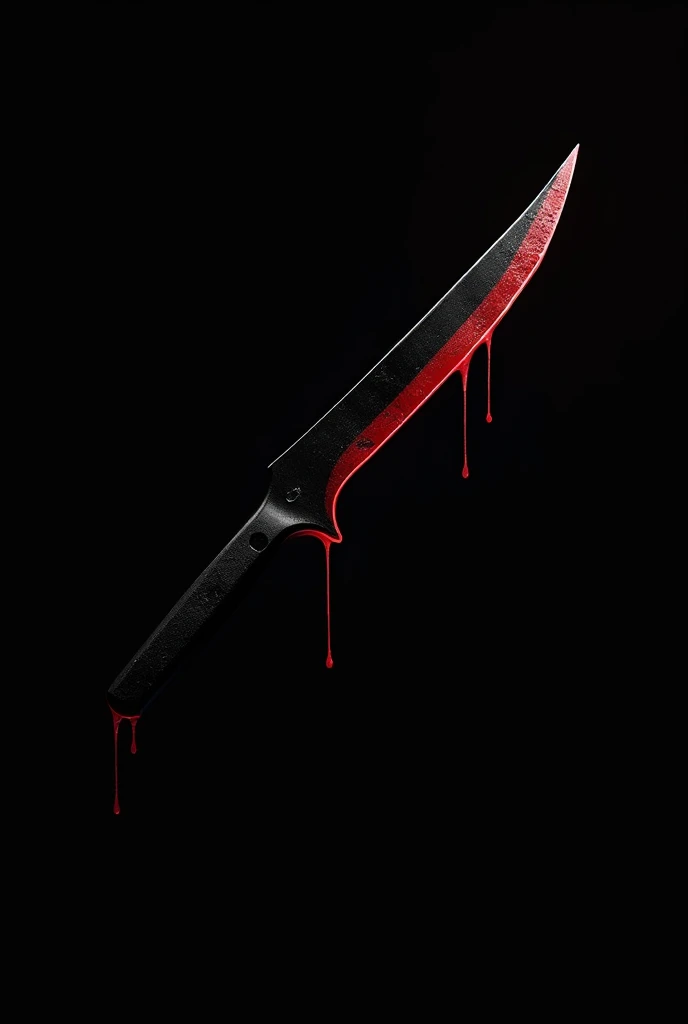 Place a small black knife with red lines and red blood dripping diagonally and realistically on the black photo, with the blood dripping part facing the upper right.