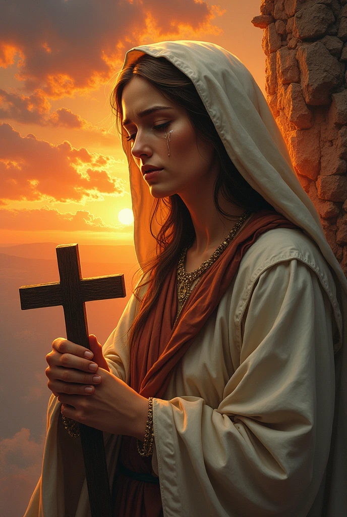 Bookmark of Saint Mary Magdalene holding a crucifix crying with the sunset beside her