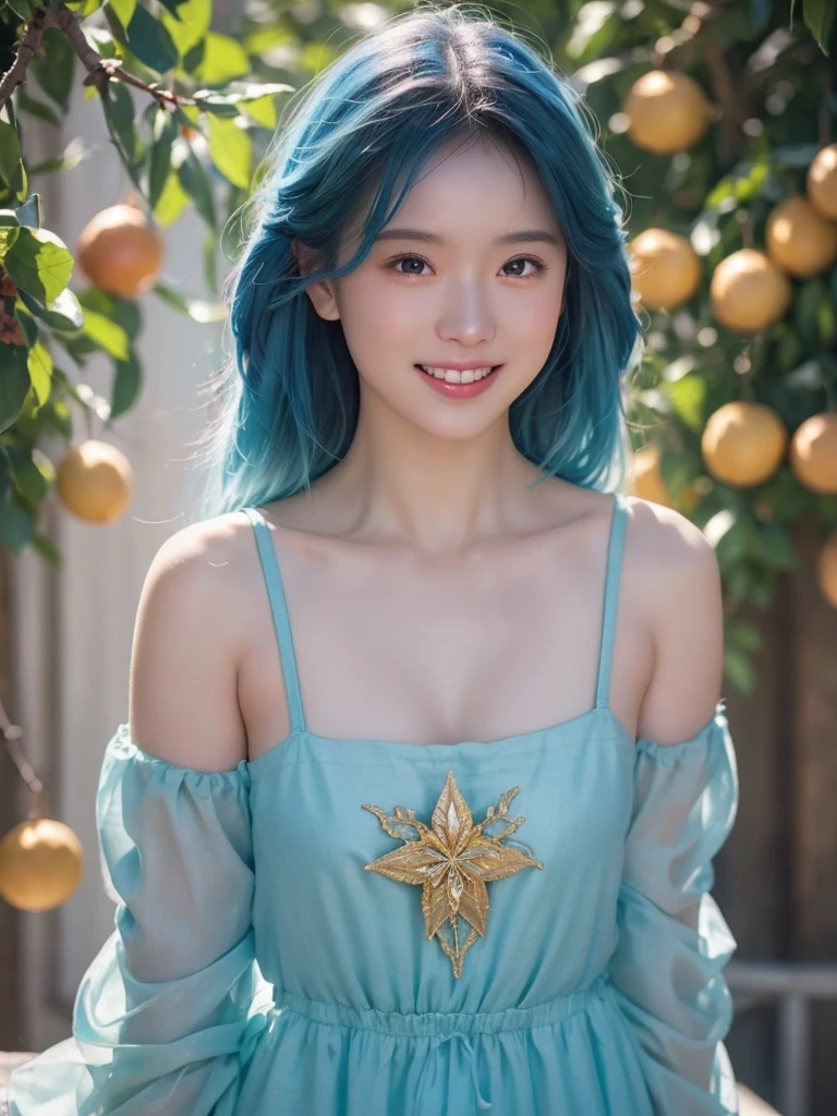 Makeup,Extremely realistic bras and underwear, Style - Silver Magic, Award-winning character concept art of a beautiful dryad sitting leaning against a citrus tree, 美しいオレンジ色の柑橘類の果樹園in, Citrus fruits on the tree, Great body, smile, Happy, Laughter, Joyful, Light blue hair, Gold Horn, Beautiful sheer dress, Blurred_background, chest, smile, Sensual, ninural lighting, Moderate_chest, lips, Looking_in_Audience, 一人in, From above, Highly detailed 8k character concept portrait studio lighting, sunlight, Beautiful lighting,