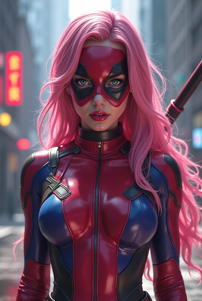 a female superhero in a colorful and dynamic costume, wearing a mask, striking a heroic pose, gwenpool, detailed facial features, photorealistic, hyperrealistic, hyper detailed, vibrant colors, dynamic lighting, cinematic composition, marvel comics inspired, digital painting, intricate details, beautiful detailed eyes, beautiful detailed lips, extremely detailed face and skin, dramatic action pose, dynamic motion blur, wet look, glossy finish, 8k resolution, award winning digital art, masterpiece little clothing