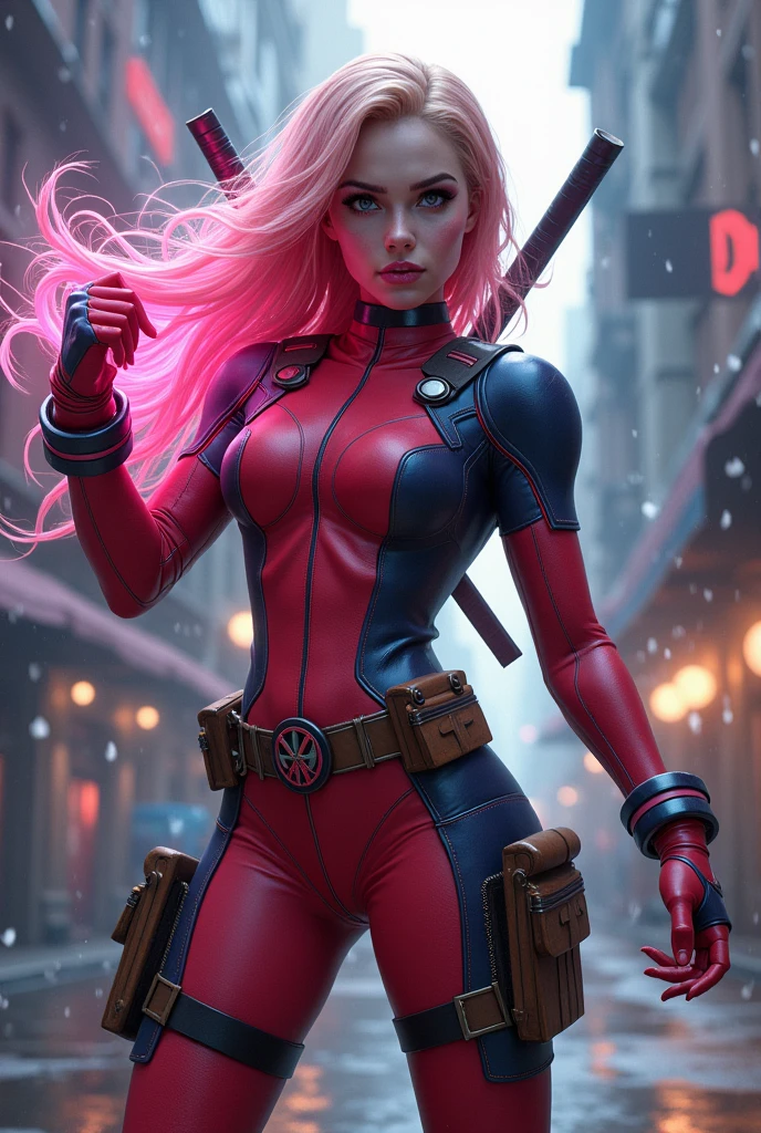 a female superhero in a colorful and dynamic costume, wearing a mask, striking a heroic pose, gwenpool, detailed facial features, photorealistic, hyperrealistic, hyper detailed, vibrant colors, dynamic lighting, cinematic composition, marvel comics inspired, digital painting, intricate details, beautiful detailed eyes, beautiful detailed lips, extremely detailed face and skin, dramatic action pose, dynamic motion blur, wet look, glossy finish, 8k resolution, award winning digital art, masterpiece little clothing