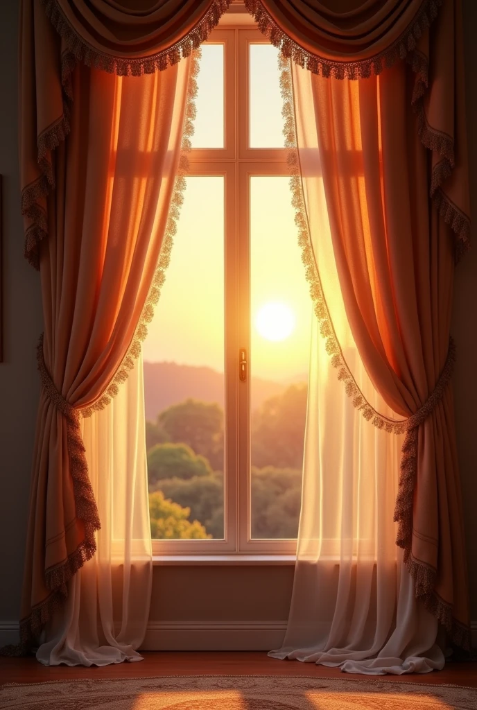 Background with curtains, a window with the sunrise