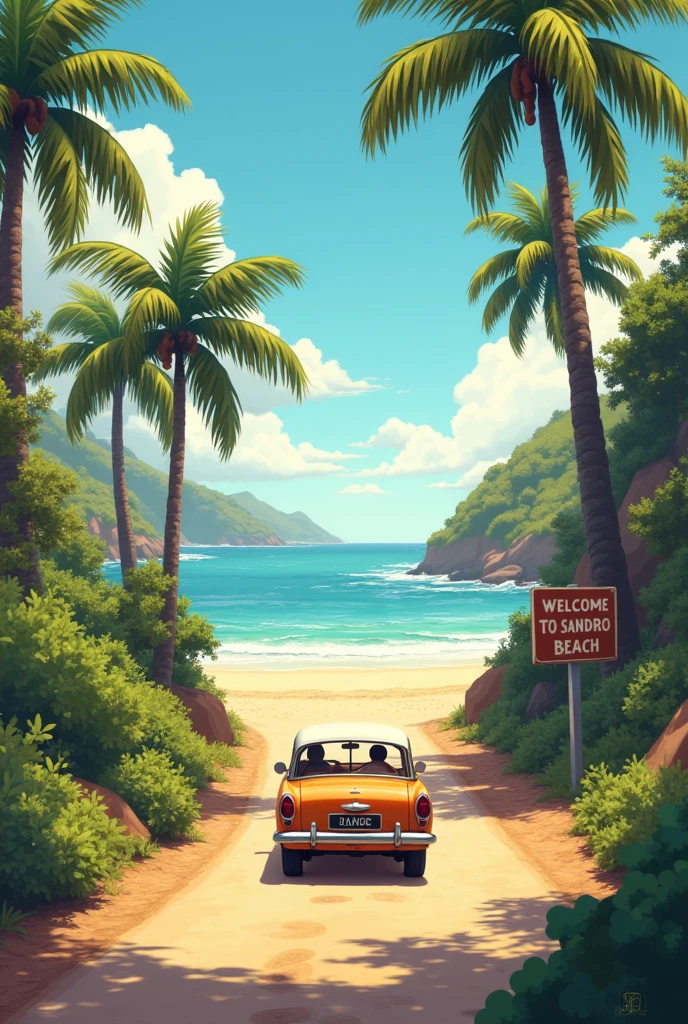 An image showing a simple car on its way to "playa sandro" (a beach that is called that), remember that you are about to reach the beach, can be seen in the background,and on the side you see a sign that says "Welcome to Sandro Beach"