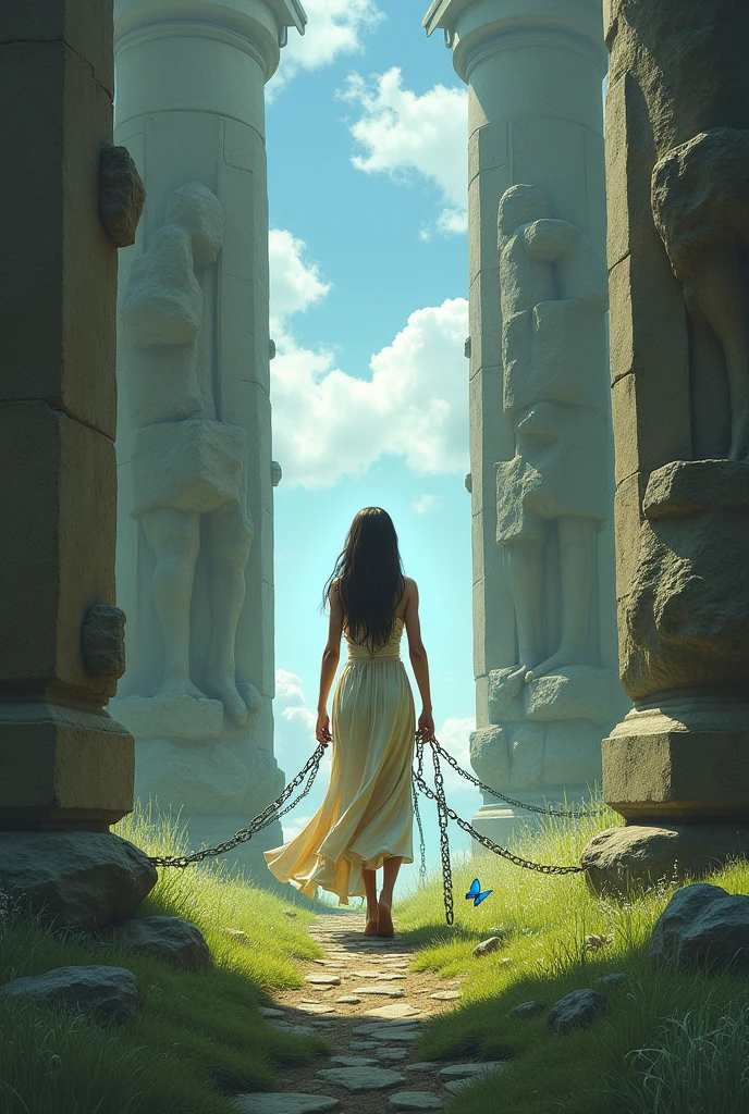 Life path destiny doors past present future chains with weights and stones attached to me Giant human beings watching One in each column emotions distractions remorse guilt anger sadness hate happiness small blue butterfly hope higher self woman dress evolution fluid aes sedai grass earth giant stone columns spiritual security love contempt indifference affection envy comparison energy harmony good bad personality