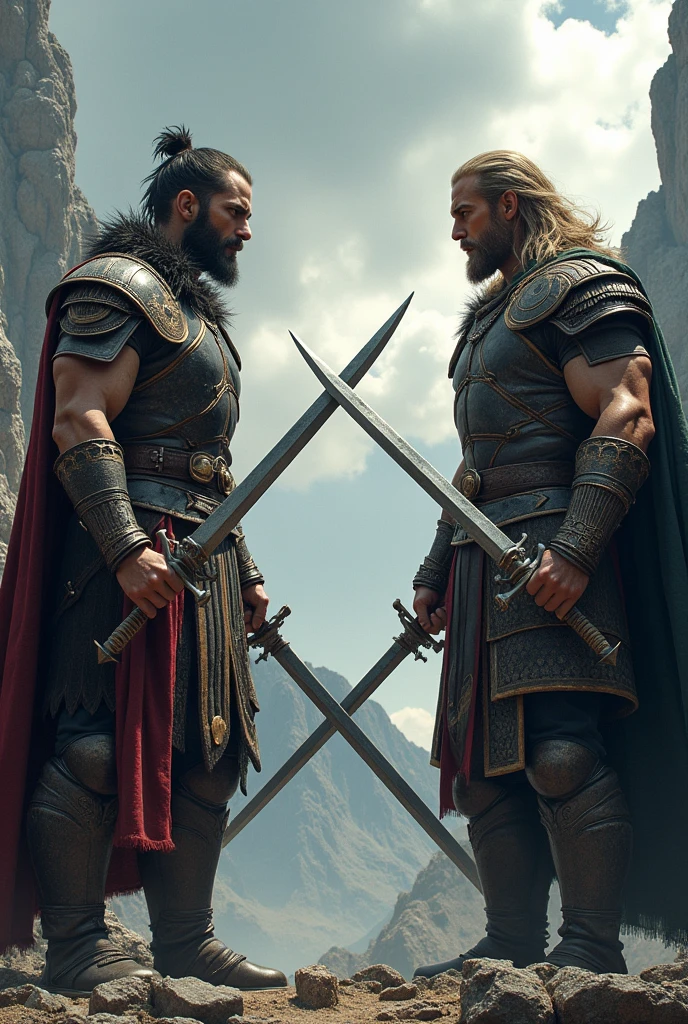 2 warriors with brave faces,one facing the other,each one with his sword in his hand