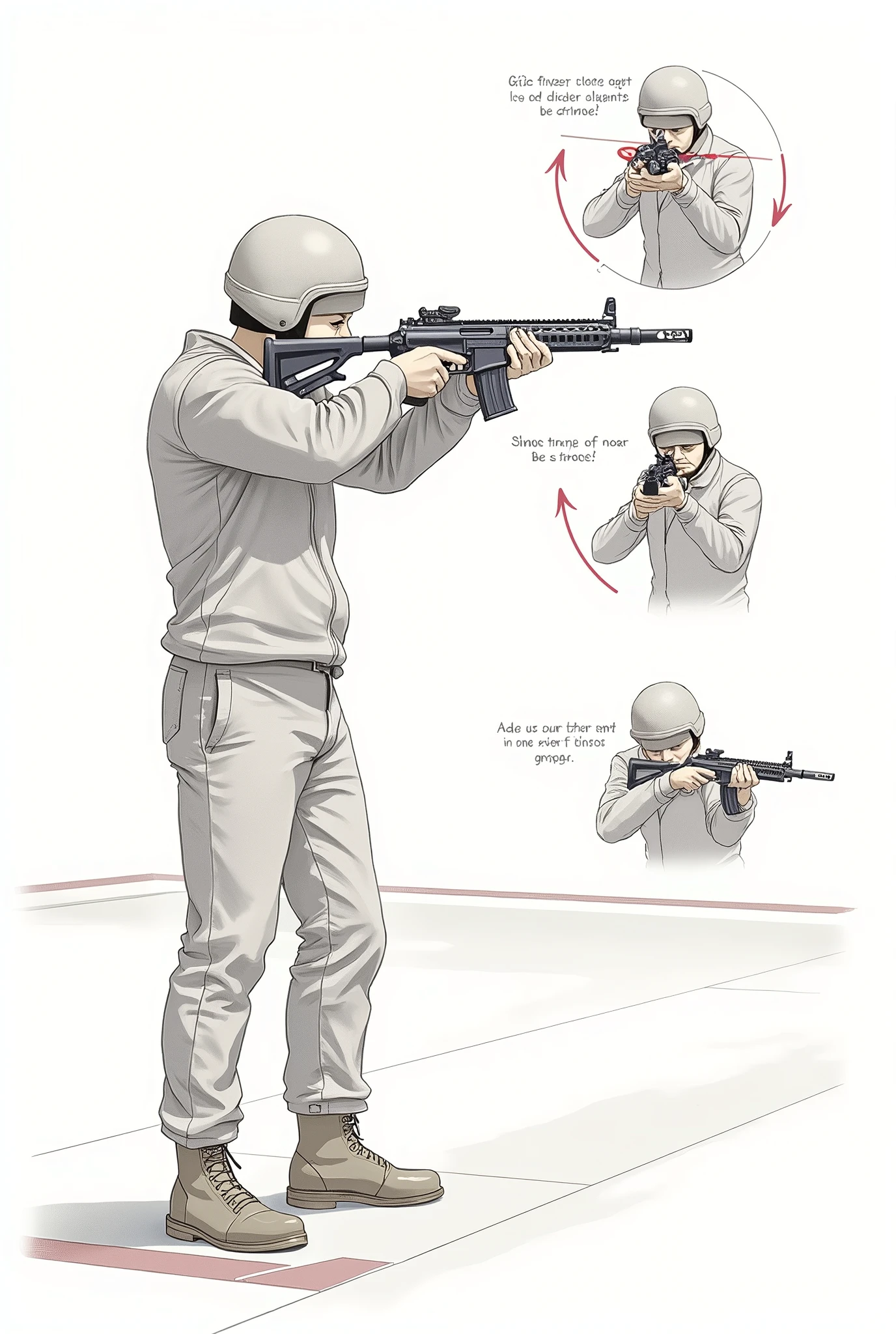 1. Posture 1.1 Foot Position Description: LnF atirador em posição de tiro, Profile. Feet are shoulder-width apart, at a slight angle to the target. The floor can be indicated with a line or a simple pattern to show the solid base..
detaileds: Show a stable and aligned base, with a guideline to indicate shoulder width.
1.2 Hips and Shoulders Description: LnF atirador em posição de tiro, showing the orientation of the hips and shoulders. The hips are slightly projected back and the shoulders are aligned with the target..
detaileds: Use lines to show the alignment of the hips and shoulders, maintaining a relaxed but controlled posture.
2. Grip 2.1 How to Hold the Gun Description: LnFa visão detalhada das mãos segurando a arma. The dominant hand is firmly on the handle and the other hand is supporting the front of the gun..
detaileds: Highlight the positioning of the hands and fingers, with emphasis on the firmness and support of the weapon.
2.2 Importance Description: LnF comparativo entre uma empunhadura inadequada e uma empunhadura adequada. LnF lado mostra um atirador com a empunhadura instável, and the other side shows the correct grip.
detaileds: Use arrows or lines to show the difference in control and stability provided by a correct grip..
3. Mira
3.1 Open and Closed Sight Description: LnFa visão da arma com a mira aberta (iron sights) and with a closed aim (telescopic sight or red dot). Mostre como alinhar a mira traseira com the front and the target.
detaileds: Include details of open and closed sights, with arrows to show correct alignment.
3.2 Alignment Techniques Description: LnF atirador usando a mira com destaque para o alinhamento correto entre a mira traseira, the front and the target. May include a line of sight showing alignment on a straight plane.
detaileds: Clearly show the straight line between the crosshair and the target, highlighting the stability of the sight.
4. Breathing 4.1 Influence on Trigger Description: LnF 