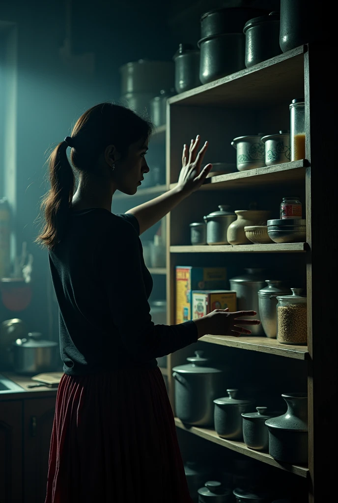 cinematic, photo realistic film poster of a women ( back profile) searching reaching her hand out on the kitchen shelves, filled with different utensils stuffed with food items like cereals, rice etc, night, middle class family darjeeling