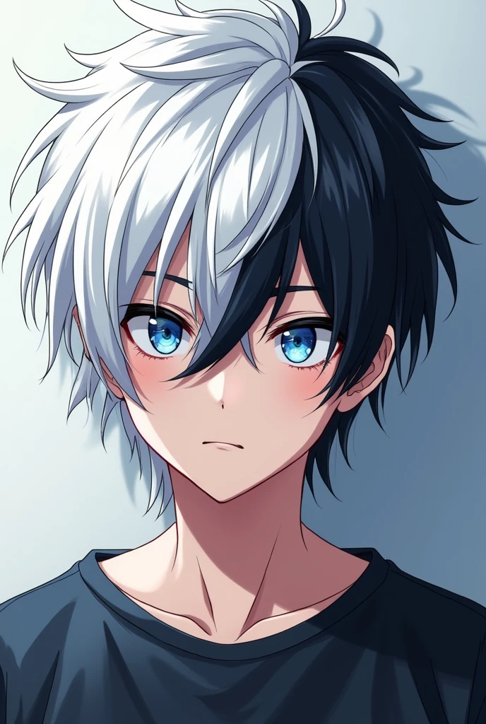 1 male teenager with white hair but with black streaks and blue eyes (anime style)