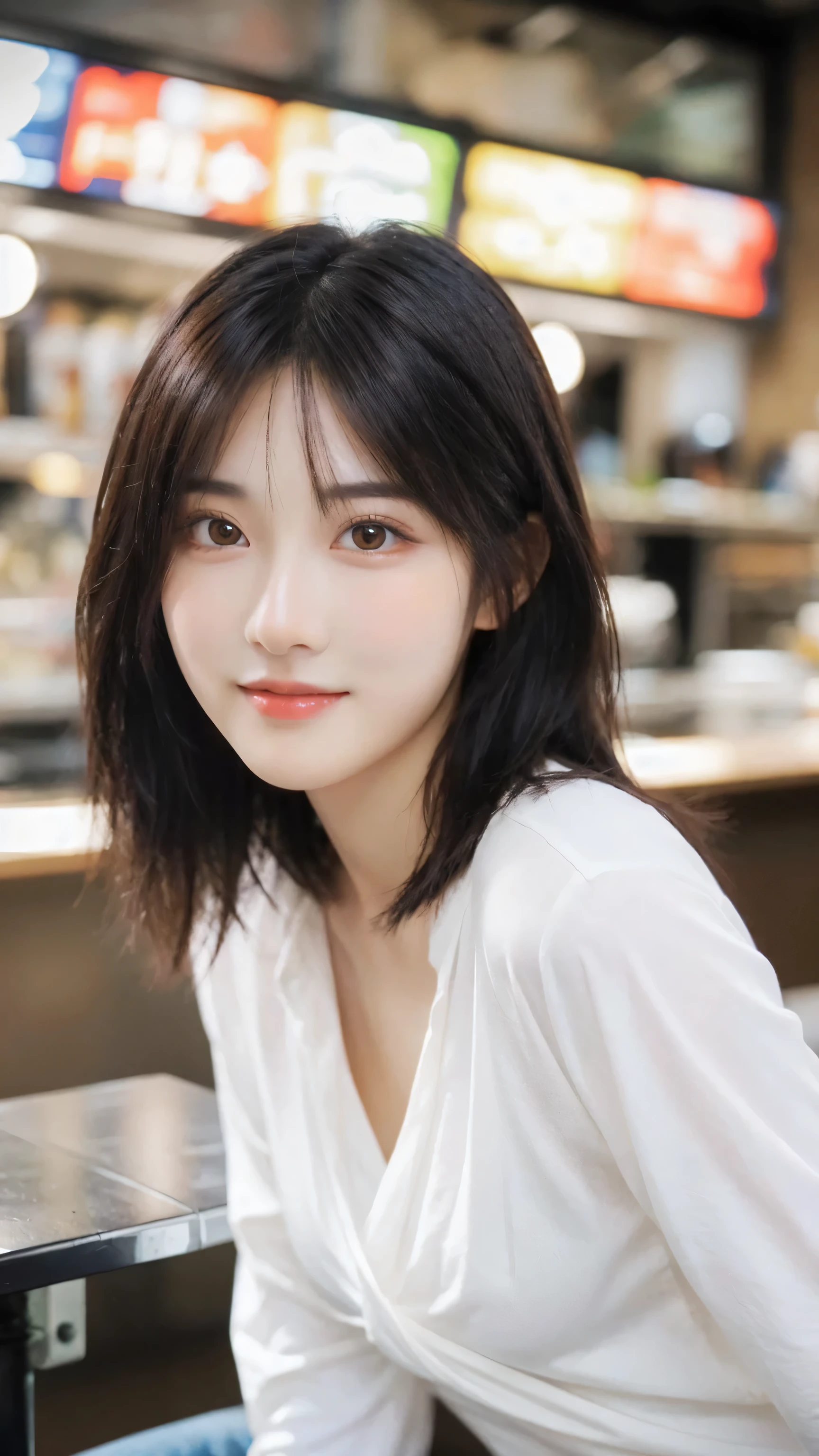 (8k, RAW Photo, Best Quality, Masterpiece:1.2), table top, Ultra Detail, Super Resolution, (Realistic, Realistic Photo:1.37), Portrait, High Detail RAW Color Photo, Professional Photo, Extremely Detailed and Beautiful, Extremely detailed, 8k wallpaper, amazing and detailed, huge file size, official art, highly detailed CG unity 8k wallpaper, highly detailed beautiful girl, highly detailed face, highly detailed eyes, highly detailed skin, highly detailed fingers, highly detailed nose, very detailed detailed mouth , perfect anatomy, highly detailed background, highly detailed clothes, 1girl, 1 girl, cute girl, realistic body, fair skin, glowing skin , slim body, handsome body, black hair , semilong hair, (blunt bangs:1.2), smile, cute, youthful, cute face, realistic face, delicate eyes, drooping eyes, looking at viewer, facing front, standing posture, Contraposto,  (medium chest), (Perfect Body Proportions), (slender Body Proportions), super sexy pose, (white shirt), (jeans pants), (authentic bar), 