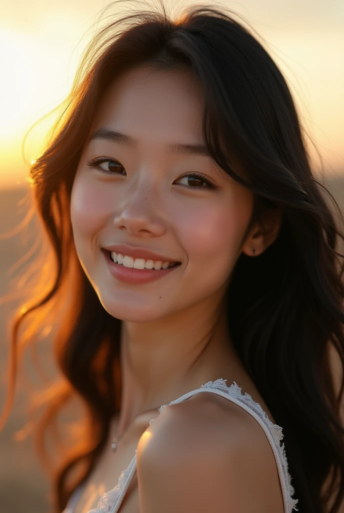 A young Asian woman with long black hair, photographed with Canon EOS R5, 85mm lens, soft morning light, high detail, smooth skin texture, gentle smile.