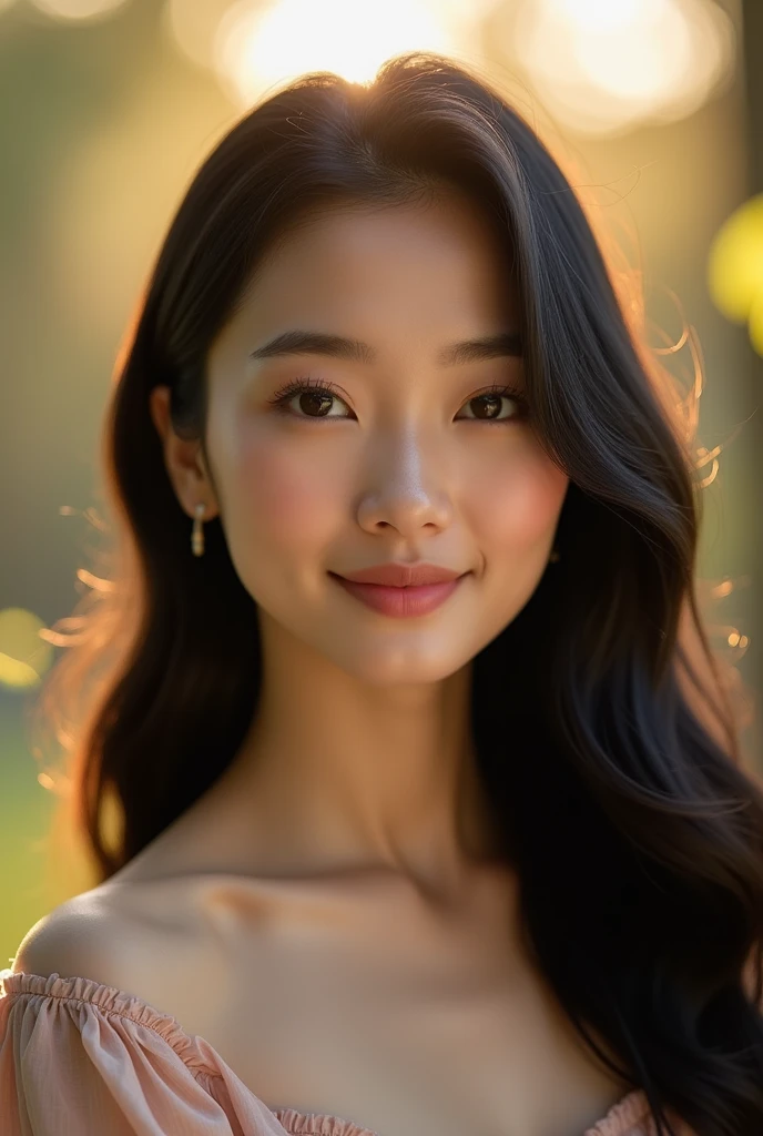 A young Asian woman with long black hair, photographed with Canon EOS R5, 85mm lens, soft morning light, high detail, smooth skin texture, gentle smile.