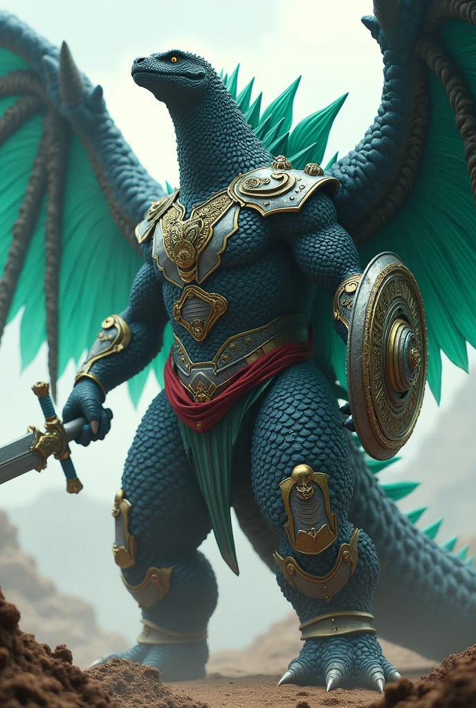 Godzilla with huge green wings blue feathers with yellow armor , gray armor , red belt, holding sword in left hand and shield in right hand.