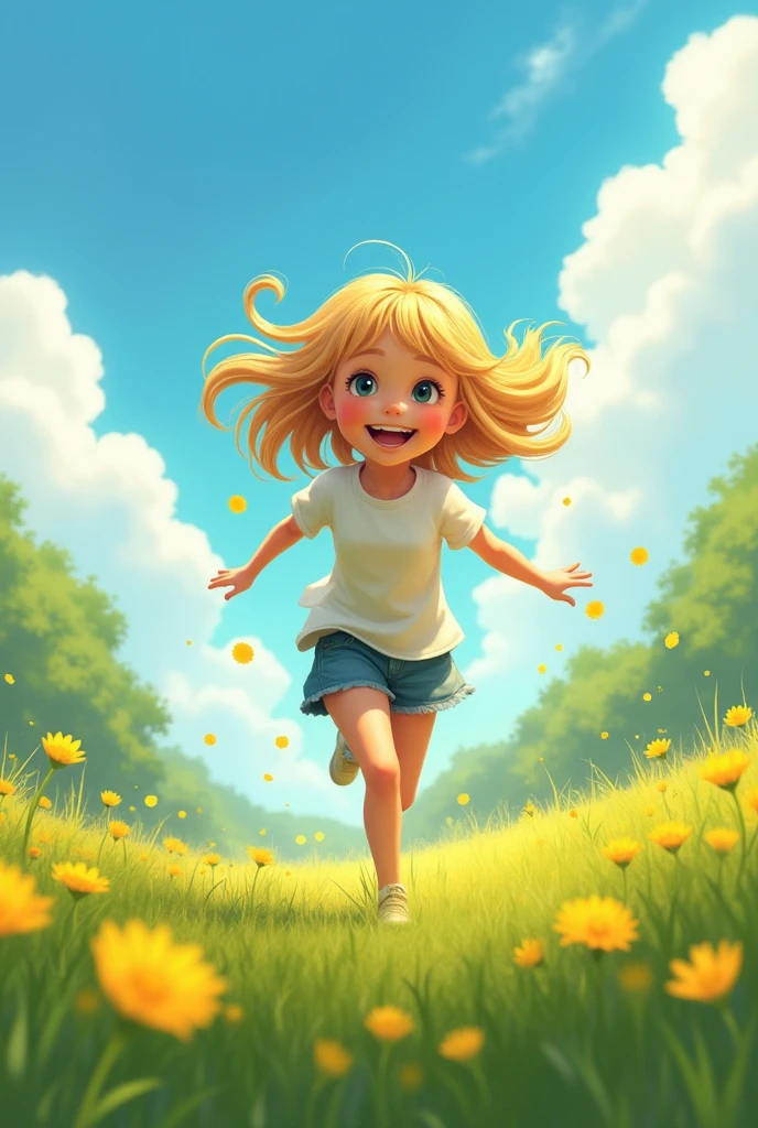 a blonde girl, fifteen years old , running on the grass, green field, golden flowers, a beautiful blue sky, day light