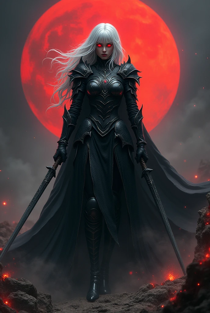 Woman. Black medieval armor. Neve . fire . swords . white  hair. eerie glowing red eyes . Red moon in the background 