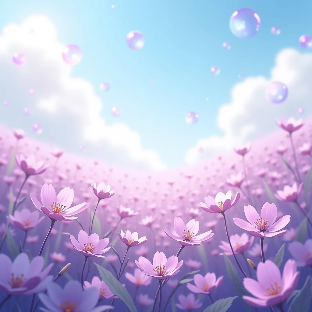 Spring field of colorful pastel purple flowers. Image should show the blue sky with purple clear bubbles floating around.