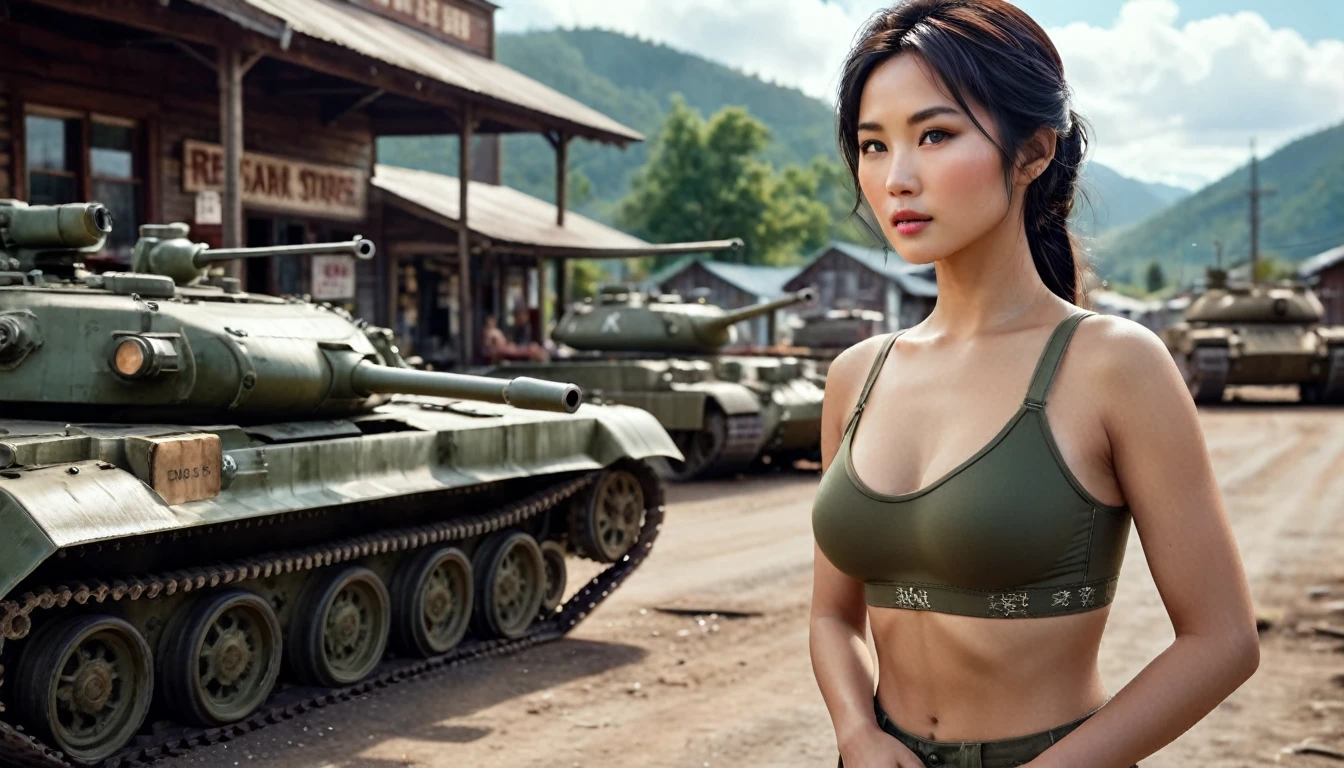 Hyperrealistic art cinematic photo a beautiful asian woman with army bra next to a tanks, 1960's small town main street general store reclaimed by nature, frozen in time. bokeh, 35mm photograph, film, bokeh, professional, 4k, highly detailed, extremely high-resolution details, photographic, realism pushed to extreme, fine texture, incredibly lifelike,