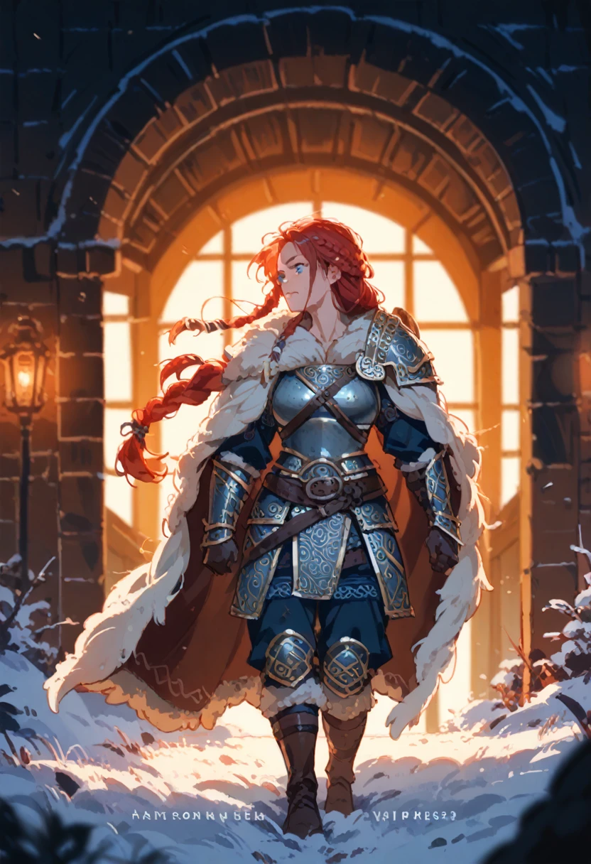 1girl, masterpiece, a viking female warrior, walking,(((adult))) woman, red hair, braided hair, blue eyes historical (((Viking fur armor))), a heavy wool cape flowing in her back, a Norse village during winter in the background, heavy post-process effects, warm firelight, glow, wandering expression,