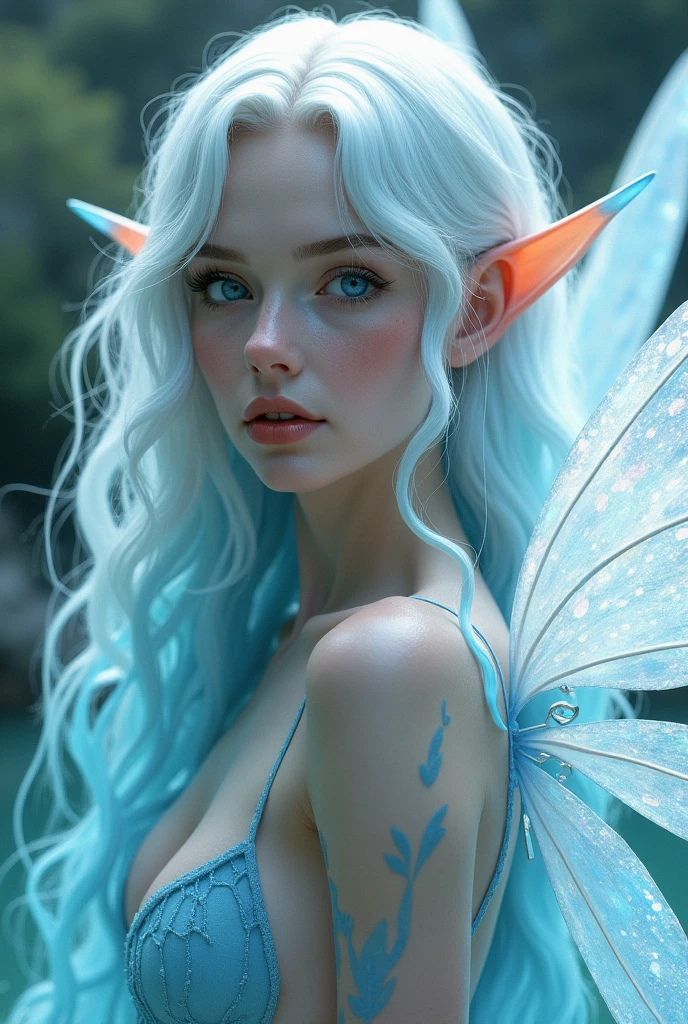 A fairy woman with water aesthetic. She has white hair with an blue ombré. Her eyes are blue and her wings are white with a blue iridescent hue. Fantasy aesthetic. Realistic artstyle.