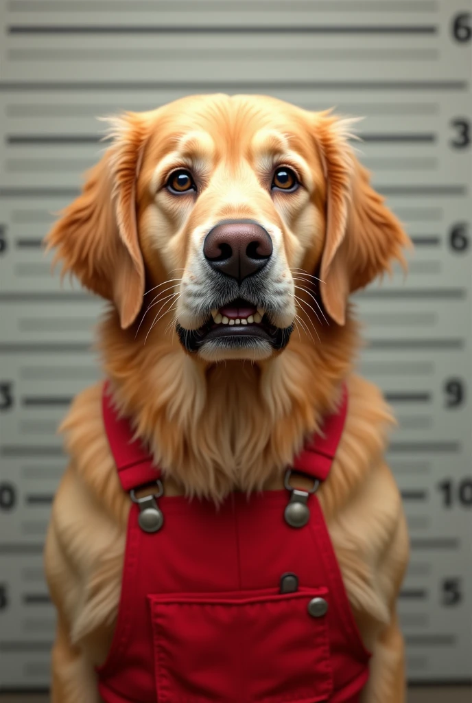 Golden retriever in red overalls wanted by police in mugshot