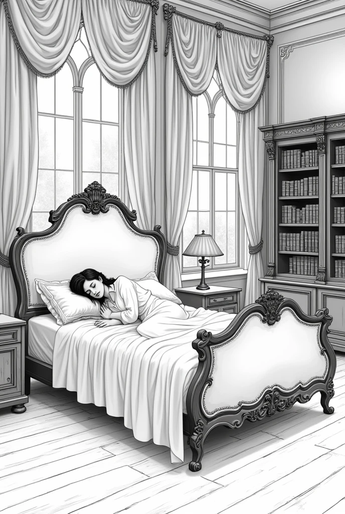 Luxury antique room, old luxury mansion, black and white drawing, no shadows, Draft, outline, semi realistic drawing, antique bed, old windows, old curtains, old bookshelf, textbooks, Big room, woman sleeping in bed