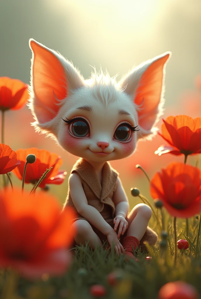 well-dressed tiny chibi, smiling, vivid micro elf creature
sitting on field of poppy flowers, expressive glowing eyes, pastoral,
vintage happy dreamlike cuteness fantasy surreal by Craola, Ceccoli,
Ryden, big detailed, hyperrealism, cute cotton cloud texture,
water drops, sky, medium glow, cute and charming, filigree, sleek,
fantasy, by Andy Kehoe, artistic water drops, dynamic pose, tender,
octane render, soft natural volumetric light, atmospheric,
sharp focus, complex background, soft haze, masterpiece, animalistic
