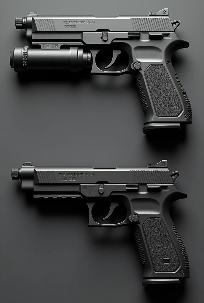 name: Tempest-45 Type: Semi-automatic pistol Caliber: .45 ACP Structure:
material: The gun body is made of a lightweight titanium alloy, offering durability and corrosion resistance. The finish is matte black, which reduces unwanted reflections and increases disguise in stealth operations.
tamanho: The weapon is 19 cm in total length, with a 10 cm pipe, providing a good balance between portability and accuracy.