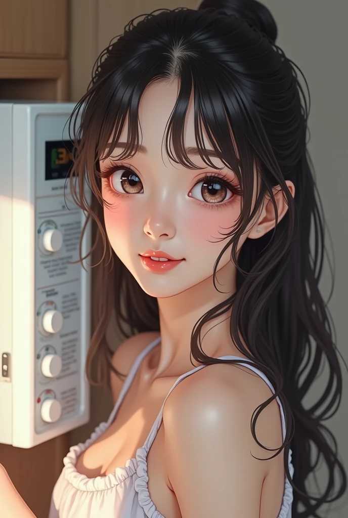 There is a woman posing for a photo in front of a microwave, sakimichan, anime girl in real life, beautiful south korean woman, anime thai girl, Beautiful young Korean woman, korean girl, she has a nice expressive face, sakimi-chan, Sun Yunjoo, Beautiful young Korean woman, chiho, cute korean actress, pale korean adorable face